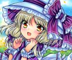  1girl :d bangs blonde_hair blush bow cropped day eyebrows_behind_hair eyebrows_visible_through_hair frilled_bow frilled_cuffs frills hair_ribbon hat hat_bow hat_ribbon long_hair looking_at_viewer louise_(touhou) marker_(medium) open_mouth orange_eyes outdoors purple_bow purple_ribbon ribbon rui_(sugar3) shirt sidelocks smile solo touhou touhou_(pc-98) traditional_media tress_ribbon upper_body white_headwear white_shirt white_wrist_cuffs wrist_cuffs yellow_eyes 