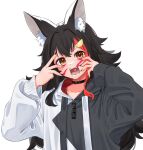  1girl animal_(vocaloid) animal_ear_fluff animal_ears bangs black_hair black_hoodie black_nails brown_eyes commentary_request daichi_(daichi_catcat) drawstring facepaint hair_ornament hairclip hands_up heart heart_in_mouth highres hololive hood hood_down hoodie long_hair long_sleeves looking_at_viewer multicolored_hair nail_polish ookami_mio open_mouth red_hair simple_background solo streaked_hair two-tone_hoodie upper_body virtual_youtuber white_background white_hoodie wolf_ears 