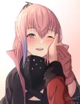  1girl act_(xadachit) bangs blush eyebrows_behind_hair girls&#039;_frontline gloves hair_between_eyes hand_on_another&#039;s_cheek hand_on_another&#039;s_face hand_on_another&#039;s_hand highres long_hair looking_at_viewer multicolored_hair one_eye_closed open_mouth pink_hair pov pov_hands purple_eyes purple_hair shiny shiny_hair shiny_skin solo_focus st_ar-15_(girls&#039;_frontline) streaked_hair tears teeth upper_teeth 