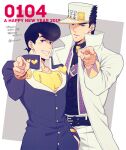  2boys black_hair blue_eyes coat diamond_wa_kudakenai gakuran grin haruko_(chikadoh) hat heart higashikata_josuke jojo_no_kimyou_na_bouken kujo_jotaro long_coat male_focus multiple_boys peace_symbol pointing pointing_at_viewer pompadour purple_eyes school_uniform smile white_coat 