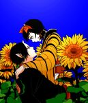  1boy 1girl black_hair blue_background carrying eyeshadow flower hoozuki_(hoozuki_no_reitetsu) hoozuki_no_reitetsu horns japanese_clothes looking_at_another makeup oni_horns peach_maki ribbon short_hair smile sunflower yasoji_(16321578) 