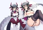  1girl black_hair blush breasts cleavage dragon_girl dragon_tail dragon_wings duel_monster garter_straps glasses green_eyes heart highres horns house_dragonmaid large_breasts lingerie long_hair looking_at_viewer maid rumo solo tail thighhighs underboob underwear wings yu-gi-oh! 