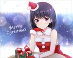  1girl absurdres alternative_girls bare_arms black_hair breasts christmas cleavage closed_mouth dress eyebrows_visible_through_hair gift gloves hat highres looking_at_viewer medium_hair official_art onitsuka_chiho red_dress red_eyes red_gloves santa_dress santa_hat smile solo table 