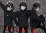  3girls black_hair black_legwear black_sweater closed_mouth commentary cowboy_shot daruma_karei frown grey_background halo highres jewelry long_sleeves looking_at_viewer multiple_girls necklace orange_eyes original outstretched_arms pantyhose short_hair sweater turtleneck turtleneck_sweater 