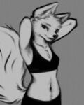  2022 4:5 anthro belly_tuft black_and_white bottomwear bra breasts canid canine canis chest_tuft clothed clothing digital_media_(artwork) ears_up female fuzzled hands_behind_head head_tuft hi_res looking_at_viewer mammal monochrome navel pose raised_arms raised_tail sketch small_breasts smile solo topwear tuft underwear wolf 