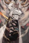  1girl an_fyhx animal_ears arknights black_skirt carnelian_(arknights) commentary_request dark-skinned_female dark_skin drawing_sword goat_girl goat_horns highres holding holding_sword holding_weapon horns jacket red_eyes shirt skirt solo sword thigh_strap weapon white_hair white_jacket white_shirt 