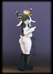  3d_(artwork) 4_horns absurd_res anthro big_butt black_hair black_lips black_nails boots boots_only bovid butt butt_focus caprine caprine_demon clothing colored_nails convenient_censorship crown demon digital_media_(artwork) eyeshadow female footwear footwear_only goat goat_demon hair hand_gesture hi_res horn lips long_ears looking_at_viewer makeup mammal mostly_nude multi_horn nails nude one_eye_closed orange_eyes raised_tail siakstuff solo solo_focus tongue tongue_out white_body wink winking_at_viewer 