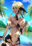  1girl absurdres au_ra avatar_(ff14) bangs blonde_hair bracelet breasts commission completely_nude cowboy_shot dappled_sunlight day dragon_horns dragon_tail dutch_angle feather_hair_ornament feathers female_pubic_hair final_fantasy final_fantasy_xiv hair_between_eyes hair_ornament hand_on_breast highres horns inspy_art jewelry large_breasts lips long_hair looking_at_viewer mountainous_horizon navel nipples nude outdoors parted_lips pubic_hair pussy scales shaped_pubic_hair smile solo sunlight swept_bangs tail uncensored water 