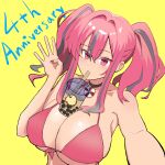  1girl absurdres anniversary armpit_crease azur_lane bangs bare_shoulders bikini black_choker breasts bremerton_(azur_lane) bubble_tea bubble_tea_challenge choker cleavage collarbone commentary_request cup disposable_cup drinking drinking_straw drinking_straw_in_mouth dutch_angle ear_piercing eyebrows_visible_through_hair front-tie_bikini front-tie_top grey_hair gyokuro_(azfater) hair_between_eyes hair_intakes hands_up highres large_breasts lifebuoy_ornament long_hair looking_at_viewer mole mole_under_eye multicolored_hair object_on_breast piercing pink_bikini pink_eyes pink_hair red_nails selfie sidelocks simple_background solo standing stomach streaked_hair swimsuit twintails two-tone_hair upper_body yellow_background 