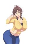  1girl :d amaha_masane antenna_hair belly bracelet breast_hold breasts brown_eyes brown_hair cleavage cowboy_shot denim eyebrows_visible_through_hair hand_on_own_shoulder highres impossible_clothes jeans jewelry large_breasts looking_at_viewer mature_female medium_hair midriff navel official_art open_mouth pants plump short_hair smile solo taut_clothes thick_eyebrows third-party_edit uno_makoto witchblade 