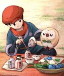  1boy asazaki_(asa_no_yashiki) berry_(pokemon) black_eyes black_hair black_pants black_shirt blue_jacket bowl closed_mouth commentary_request day hat highres holding holding_bowl jacket jar looking_down male_focus oran_berry outdoors pants pokemon pokemon_(creature) pokemon_(game) pokemon_legends:_arceus pokemon_on_leg red_headwear red_scarf rei_(pokemon) rowlet sash scarf shirt short_hair sitting smile split_mouth 