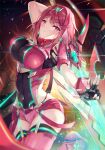  1girl aegis_sword_(xenoblade) bangs black_gloves breasts chest_jewel earrings fingerless_gloves gem gloves headpiece inoue_takuya_(tactactak) jewelry large_breasts pyra_(xenoblade) red_eyes red_hair red_legwear red_shorts short_hair short_shorts shorts solo swept_bangs sword thighhighs tiara weapon xenoblade_chronicles_(series) xenoblade_chronicles_2 