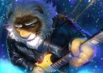  2022 anthro blue_eyes clay_calloway_(sing) clothed clothing felid guitar hi_res jacket lion male mammal mane musical_instrument nviek5 pantherine plucked_string_instrument solo string_instrument topwear whiskers 