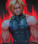  1boy adelheid_bernstein angry aura bare_shoulders black_background black_tank_top blonde_hair clenched_teeth commentary covered_abs covered_collarbone english_commentary eye_trail highres kthovhinao_virmi looking_at_viewer male_focus muscular muscular_male pectorals red_eyes short_hair simple_background skin_tight solo suspenders tank_top teeth the_king_of_fighters upper_body 