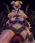  2021 5_fingers anthro areola big_breasts birdpaw_(artist) black_areola black_background black_claws black_clothing black_hands black_markings black_nipples black_panties black_sclera black_underwear black_wings breasts canid canid_demon chest_markings chest_tuft claws clothing demon demon_wings female fingers fur grey_body grey_fur hi_res horn looking_at_viewer low-angle_view mammal markings multicolored_body multicolored_fur navel nipples panties pink_inner_ear pink_tongue portrait red_eyes shaded simple_background solo teeth three-quarter_portrait tongue tuft underwear whiskers wings yellow_body yellow_fur 