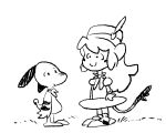  anonymous_artist anthro blush blush_stickers canid canine canis clothing domestic_dog dress duo female haplorhine hat headgear headwear hi_res humanoid klonoa_(series) lolo male mammal monkey monochrome parody peanuts_(comic) popka primate scarf simple_background sketch smile snoopy video_games 