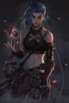  1girl absurdres arcane:_league_of_legends arcane_jinx arm_tattoo asymmetrical_bangs bangs bare_shoulders belt blue_eyes blue_hair blue_nails bomb braid collarbone cowboy_shot crop_top elbow_gloves embers explosive eye_trail fingerless_gloves flat_chest gatling_gun gloves grenade gun hand_up handgun highres holding holding_gun holding_weapon jason8818024 jinx_(league_of_legends) league_of_legends lips long_hair looking_at_viewer minigun multicolored_nails nail_polish navel pants parted_lips pink_nails pistol shirt single_elbow_glove single_fingerless_glove single_wrist_cuff sleeveless sleeveless_shirt smoke solo stomach stomach_tattoo strap striped striped_pants tattoo throwing twin_braids very_long_hair weapon wrist_cuffs 