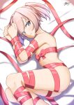  1girl ayuman blue_eyes bound commentary_request feet_out_of_frame fetal_position flat_chest kantai_collection looking_at_viewer naked_ribbon nude pink_hair pink_ribbon ponytail ribbon shiranui_(kancolle) short_hair solo tied_up_(nonsexual) 