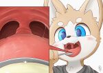  anthro canid canine canis clothing domestic_dog duo food hair isamatu male mammal mouth_shot open_mouth oral_vore predator/prey smile solo teeth tongue uvula vore young 