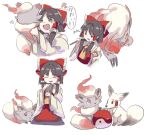  1girl alternate_form ascot bangs blush blush_stickers bow brown_hair claws closed_eyes commentary_request crossover cup detached_sleeves flying_sweatdrops fox frilled_bow frilled_hair_tubes frills gohei hair_bow hair_tubes hakurei_reimu hakurei_reimu_(fox) happy heart hisuian_zoroark hisuian_zorua holding holding_poke_ball holding_pokemon long_sleeves matsukuzu nontraditional_miko open_mouth orb poke_ball poke_ball_(legends) pokemon pokemon_(creature) pokemon_(game) pokemon_legends:_arceus red_bow red_eyes red_skirt red_vest seiza sidelocks simple_background sitting skirt solo teacup touhou vest white_background wide_sleeves yellow_ascot yellow_eyes yin_yang yin_yang_orb 