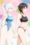  2girls ;p bangs banned_artist bare_shoulders bikini black_bikini black_hair blue_eyes blue_swimsuit breasts covered_navel english_commentary eyebrows_visible_through_hair highleg highleg_swimsuit highres holding_hands kimmy77 legs long_hair looking_at_viewer looking_to_the_side multicolored_background multiple_girls navel one-piece_swimsuit one_eye_closed parted_lips red_hair ruby_rose rwby scar scar_across_eye short_hair side_ponytail small_breasts stomach swept_bangs swimsuit thighs tongue tongue_out very_long_hair walking weiss_schnee white_hair yuri 