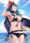  1girl :d arm_up armpits bangs bare_shoulders belt bikini black_belt black_bikini black_cape blue_hair blue_sky breasts byleth_(fire_emblem) byleth_(fire_emblem)_(female) byleth_(summer)_(fire_emblem)_(female) cape cleavage cloud commentary_request cowboy_shot dagger day eyebrows_behind_hair fire_emblem fire_emblem:_three_houses fire_emblem_heroes floating_cape flower groin hair_between_eyes hair_flower hair_ornament halterneck hibiscus highres knife large_breasts looking_up medium_hair midriff navel oas ocean official_alternate_costume open_mouth outdoors purple_eyes ribbon sheath sheathed sidelocks sky smile solo standing swimsuit tassel teeth twitter_username upper_teeth wading water_drop weapon wet wrist_ribbon 