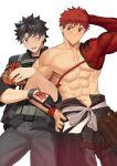  2boys abs bangs bara black_gloves black_hair black_jacket black_pants blue_eyes brown_eyes candy chocolate closed_mouth command_spell dainyuu_(dgls) emiya_shirou fate/grand_order fate_(series) food fujimaru_ritsuka_(male) gloves heart heart-shaped_chocolate highres holding holding_food jacket large_pectorals looking_at_another looking_at_viewer male_focus multiple_boys muscular muscular_male navel nipples one_eye_closed open_mouth pants pectorals red_hair senji_muramasa_(fate) short_hair single_bare_shoulder smile wristband yaoi 