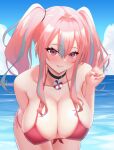  1girl :q absurdres azur_lane bangs bare_shoulders bikini blue_sky blush breasts bremerton_(azur_lane) cleavage cloud collarbone commentary_request covered_nipples cowboy_shot day ear_piercing eyebrows_visible_through_hair front-tie_bikini front-tie_top grey_hair gyokuro_(azfater) hair_between_eyes hair_intakes hair_ornament hair_tie hand_on_own_thigh highres large_breasts leaning_forward lifebuoy_ornament long_hair looking_at_viewer midriff mole mole_on_breast mole_under_eye multicolored_hair ocean outdoors piercing pink_bikini pink_eyes pink_hair pink_nails side-tie_bikini sidelocks sky smile solo standing streaked_hair swimsuit tongue tongue_out twintails two-tone_hair v 
