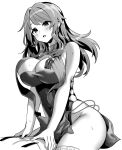  1girl azur_lane azur_lane:_slow_ahead bare_arms bare_shoulders blush breasts charybdis_(azur_lane) charybdis_(red_chamber_of_healing)_(azur_lane) covered_navel earrings greyscale hori_(hori_no_su) jewelry large_breasts long_hair monochrome official_alternate_costume official_art simple_background sweat white_background 