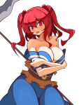  1girl :d absurdres bangs blue_dress breasts cleavage coin cowboy_shot dress eyebrows_visible_through_hair highres holed_coin large_breasts looking_at_viewer obi off-shoulder_dress off_shoulder onozuka_komachi open_mouth red_eyes red_hair sash scythe short_hair simple_background smile solo standing touhou two_side_up white_background xy1173946979 