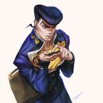  1boy artist_name bag black_eyes black_hair diamond_wa_kudakenai higashikata_josuke holding holding_phone jojo_no_kimyou_na_bouken lips long_hair phone pompadour rakavka shirt simple_background solo v-shaped_eyebrows white_background yellow_shirt 