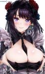  1girl between_breasts black_hair breast_hold breasts cleavage detached_collar frills kitagawa_marin kuroe_shizuku large_breasts purple_eyes rei_kun solo sono_bisque_doll_wa_koi_wo_suru sparkle upper_body 