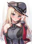  1girl absurdres anchor arms_behind_back bare_shoulders bismarck_(kancolle) blonde_hair blue_eyes blush breasts gift hand_on_headwear head_tilt highres kantai_collection kokenashi large_breasts letter long_hair military military_uniform solo uniform valentine 