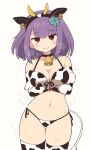  1girl animal_ears animal_print bell bikini breasts cleavage clover_hair_ornament cow_print cow_tail cowbell cowboy_shot crossed_arms elbow_gloves eyebrows_visible_through_hair fake_animal_ears fake_horns gloves hair_ornament highres horns medium_breasts neck_bell original purple_hair red_eyes short_hair simoyuki simple_background solo steaming_body sweat swimsuit symbol-only_commentary tail thighhighs wavy_mouth white_background 