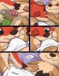  anthro bite bodily_fluids bulge canid canine comic dialogue diaper disney duo fennec finnick fox good_boy hi_res infantilism kissing kissing_belly kuuneho licking male male/male mammal nick_wilde red_fox saliva tongue tongue_out zootopia 