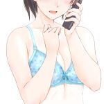  1girl amagami black_hair blush bra breasts cleavage commentary_request head_out_of_frame holding holding_phone large_breasts lingerie open_mouth phone ponytail sasaki_akira_(ugc) simple_background solo sweatdrop tsukahara_hibiki underwear 