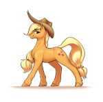  applejack_(mlp) aquaticvibes blonde_hair clothing cowboy_hat cutie_mark earth_pony equid equine eyelashes female feral freckles friendship_is_magic green_eyes hair half-closed_eyes hasbro hat headgear headwear hi_res hooves horse looking_aside mammal my_little_pony narrowed_eyes orange_body pony smile solo walking 