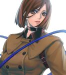  1girl bangs black_choker breasts brown_eyes brown_hair brown_jacket choker commentary english_commentary hair_between_eyes jacket kthovhinao_virmi lips looking_at_viewer medium_breasts military military_uniform parted_lips short_hair simple_background solo the_king_of_fighters the_king_of_fighters_xv uniform upper_body whip whip_(kof) white_background 