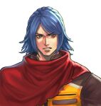  1boy annoyed bangs blue_hair brown_jacket cape commentary highres jacket krohnen kthovhinao_virmi male_focus medium_hair multicolored_clothes multicolored_jacket orange_eyes parted_lips red_cape simple_background solo the_king_of_fighters the_king_of_fighters_xv upper_body white_background yellow_jacket 