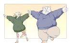  2022 anthro blush bottomwear canid canine canis clothing domestic_dog duo hoodie inunoshippo kemono male mammal one_eye_closed overweight overweight_male pants topwear wink 