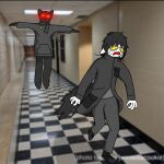 anthro black_body black_clothing black_hair catto_editor catto_editor_(character) clothing domestic_cat ears_down felid feline felis female floating floating_boy_chases_running_boy hair hallway hi_res male mammal meme pivoted_ears real red_eyes running scared scarf t-pose tailless whisper_latex_cat white_body yellow_eyes 
