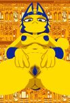  2022 animal_crossing ankha_(animal_crossing) ankha_zone anthro areola blue_areola blue_hair blue_nipples blue_pussy breasts coombrain15 domestic_cat felid feline felis female frown genitals hair hi_res hieroglyphics looking_at_viewer looking_down looking_down_at_viewer low-angle_view mammal nintendo nipples noseless nude presenting presenting_pussy pussy solo spread_pussy spreading video_games yellow_body 