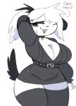  anthro big_breasts biped black_belt black_clothing black_ears black_eyelids black_eyes black_jewelry black_legwear black_lipstick black_necklace black_stockings black_tail black_topwear bodily_fluids breasts canid canine canis chubby_anthro chubby_female clothing curvy_figure dark_clothing digital_media_(artwork) domestic_dog embarrassed female fur goth hair hair_over_eye hand_behind_back hi_res huge_breasts jewelry legwear lipstick makeup mammal monotone_body monotone_fur narrowed_eyes necklace one_eye_obstructed ponytail portrait puppychan puppychan48 solo standing stockings sweat three-quarter_portrait topwear voluptuous white_body white_fur white_hair 