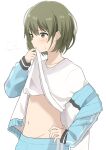  1girl blush clothes_lift green_eyes green_hair hand_on_hip highres holding holding_clothes holding_shirt hot idolmaster idolmaster_shiny_colors jacket jacket_partially_removed jersey looking_afar midriff nanakusa_nichika navel shirt shirt_lift short_hair simple_background solo sweatdrop track_jacket upper_body white_background white_shirt yukikemuri 