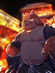  2022 ailurid anthro belly black_nose bottomwear cai_yuwang clothing detailed_background humanoid_hands kemono male mammal moobs navel night nipples outside overweight overweight_male pants red_panda solo 