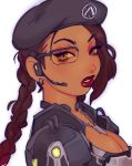  1girl abi_(superson1co) apex_legends arms_dealer_loba beret black_headwear braid breasts brown_eyes brown_hair cleavage dark-skinned_female dark_skin dog_tags english_commentary eyeshadow from_side gradient_hair hat headset highres loba_(apex_legends) long_hair looking_at_viewer makeup medium_breasts multicolored_hair parted_lips red_eyeshadow red_hair red_lips scouter solo thick_lips twin_braids 