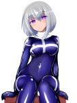  1girl black_bodysuit bodysuit breasts bright_pupils eyebrows_visible_through_hair grey_hair impossible_bodysuit impossible_clothes latex latex_bodysuit looking_at_viewer medium_breasts original purple_eyes rethnick shiny shiny_clothes short_hair skin_tight smile solo 
