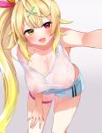  1girl :d bangs bare_arms bare_shoulders bent_over blonde_hair blue_shorts blush breasts cleavage collarbone eyebrows_visible_through_hair feet_out_of_frame festa11307070 gradient gradient_background hair_ornament hanging_breasts heterochromia hoshikawa_sara large_breasts long_hair looking_at_viewer nijisanji nipples no_bra open_mouth outstretched_arm red_eyes selfie shirt short_shorts shorts side_ponytail sidelocks skindentation sleeveless sleeveless_shirt smile solo standing thigh_strap very_long_hair virtual_youtuber white_background white_shirt x_hair_ornament yellow_eyes 