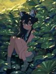  1girl :o animal_ear_fluff animal_ears bare_arms bare_legs black_hair blue_tank_top blush cat_ears cat_girl foliage green_eyes hair_between_eyes highres kgt_(pixiv12957613) knees_together_feet_apart knees_up leaf light_rays lily_pad long_hair looking_at_viewer nature original outdoors partially_submerged plant shade signature sitting solo sunlight tank_top water water_drop 