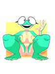  2022 amphibian anthro biphony_(rubbish_chameleon) breasts crouching female frog front_view full-length_portrait genitals gesture green_body hi_res looking_at_viewer non-mammal_breasts nude open_mouth open_smile portrait pussy rubbish_chameleon sagging_breasts smile solo waving 